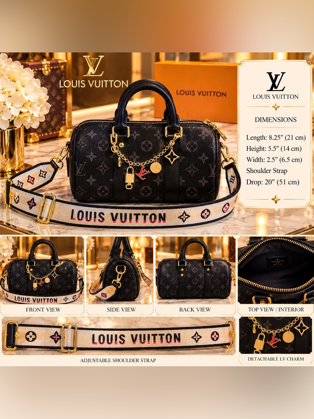 Black Monogram Handbag with Detachable Strap